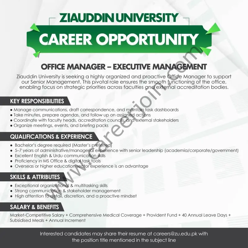 Ziauddin University Jobs Office Manager 1
