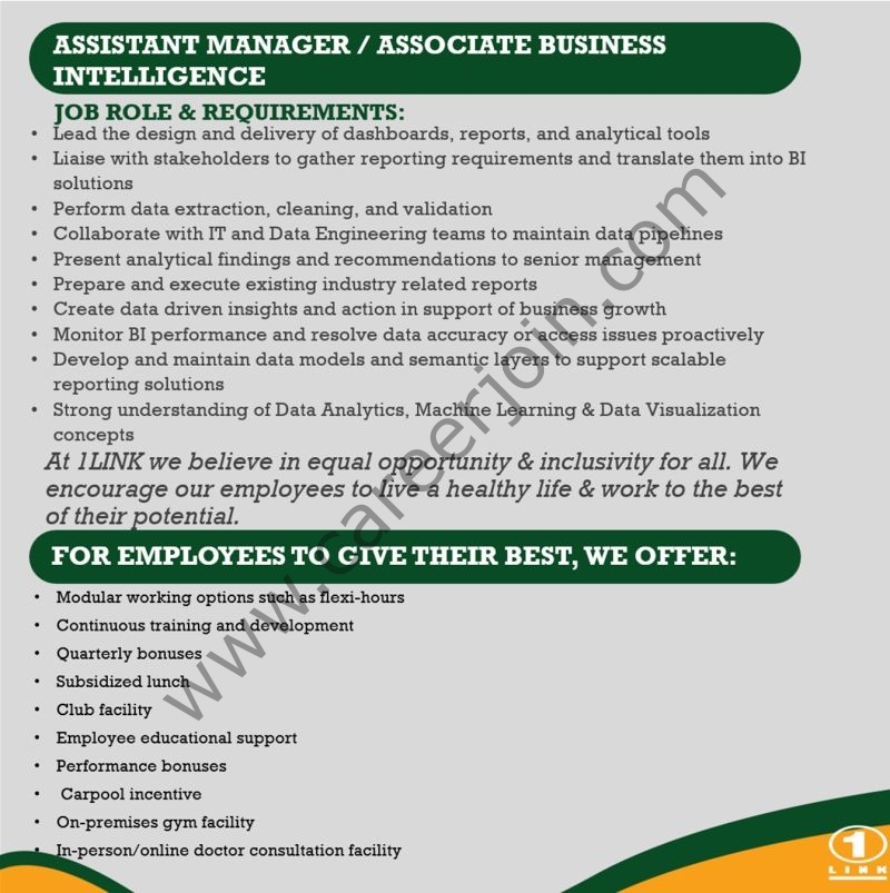 1Link Pvt Ltd Jobs Assistant Manager / Associate Business Intelligence 2