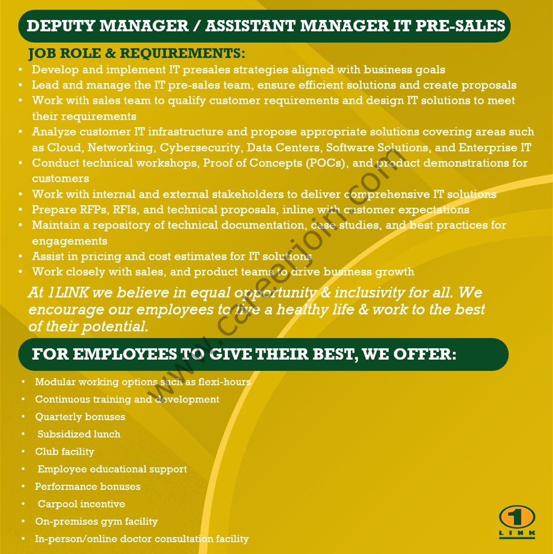 1Link Pvt Ltd Jobs Deputy Manager / Assistant Manager IT Pre-Sales 2