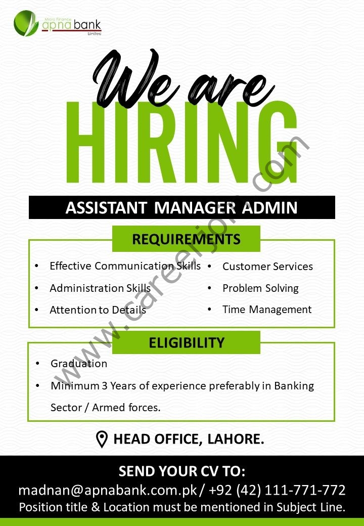 Apna Microfinance Bank Limited Jobs Assistant Manager Admin 1