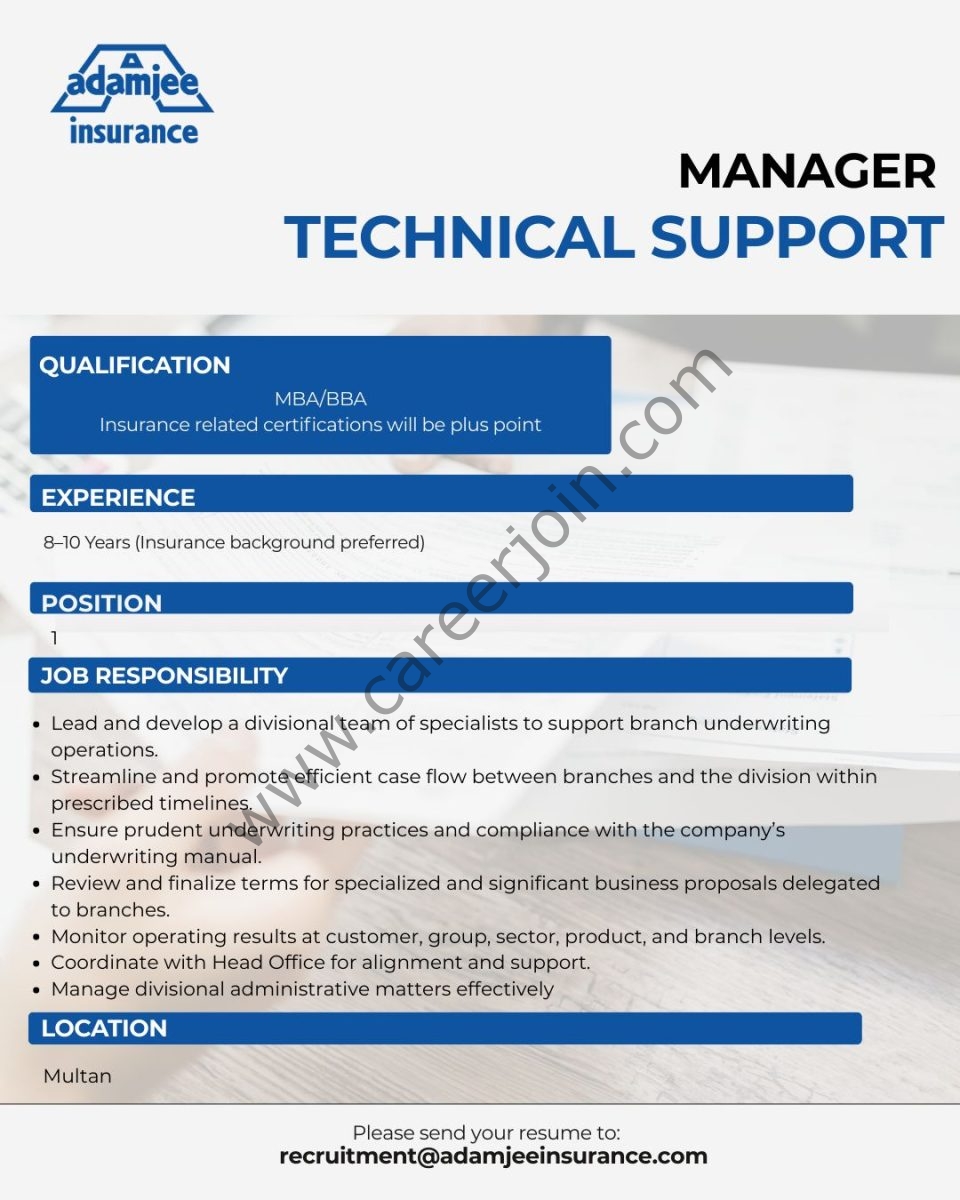 Adamjee Insurance Company Jobs Manager Technical Support 1