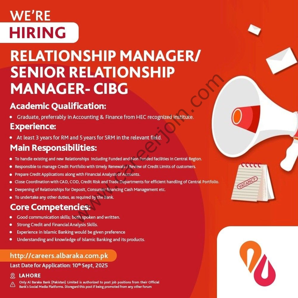 Al Baraka Bank (Pakistan) Limited Jobs Relationship Manager/Senior Relationship Manager CIBG 1