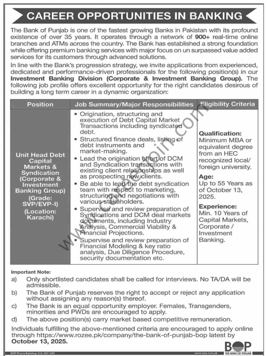 Bank of Punjab BOP Jobs 28 September 2025 Dawn 1