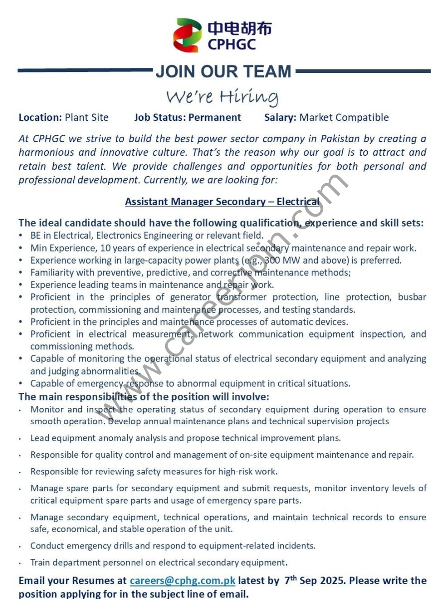 China Power Hub Generation Company CPHGC Jobs Assistant Manager Secondary Electrical 1