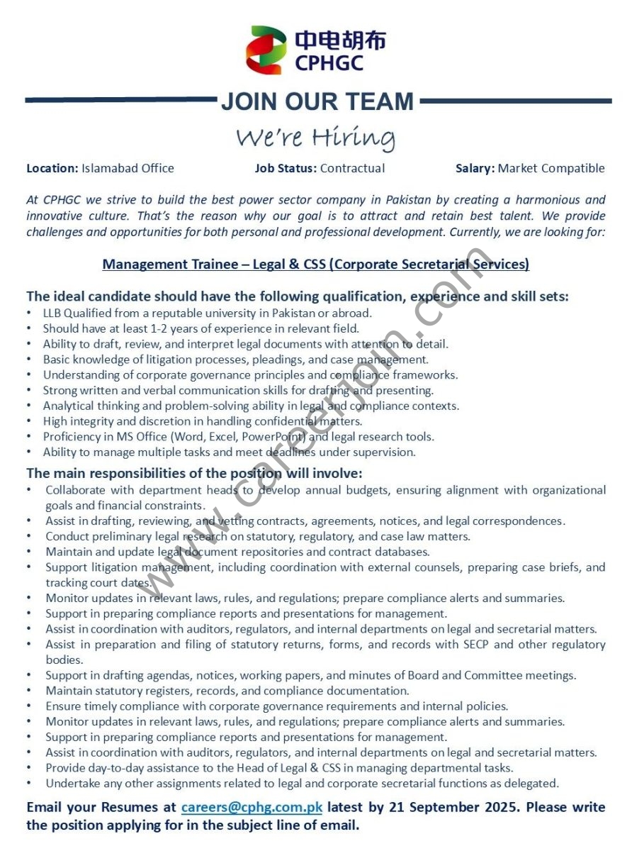 China Power Hub Generation Company CPHGC Jobs Management Trainee Legal & CSS (Corporate Secretarial Services)  1