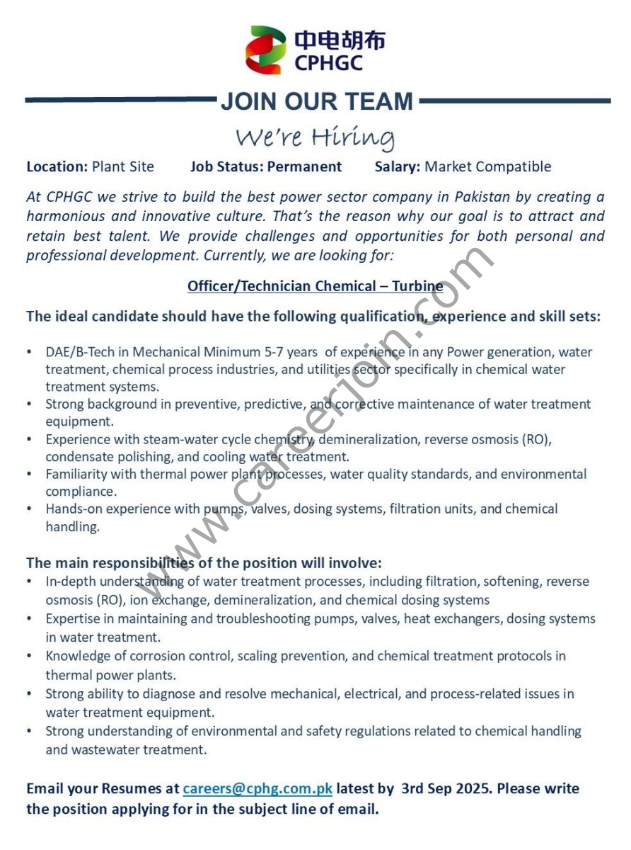 China Power Hub Generation Company CPHGC Jobs Officer/Technician Chemical Turbine 1