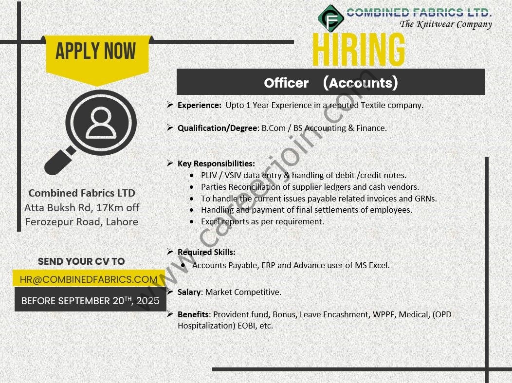 Combined Fabrics Limited Jobs Officer Accounts 1