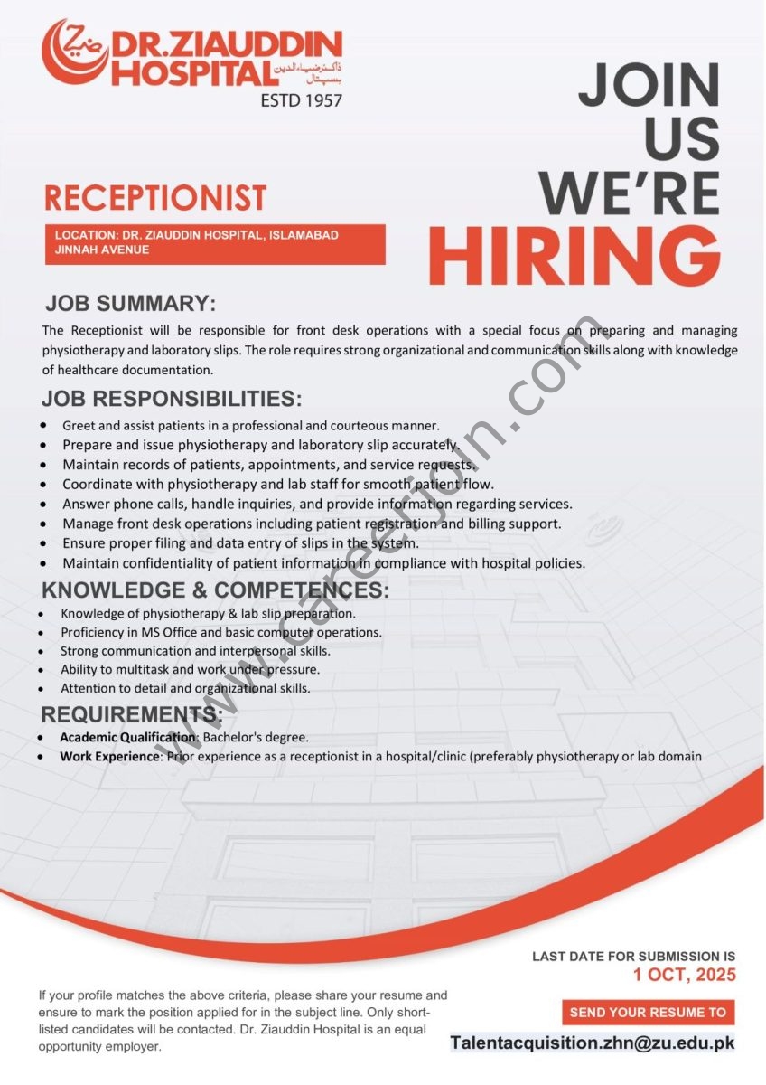 Dr Ziauddin Hospital Jobs Receptionist 1