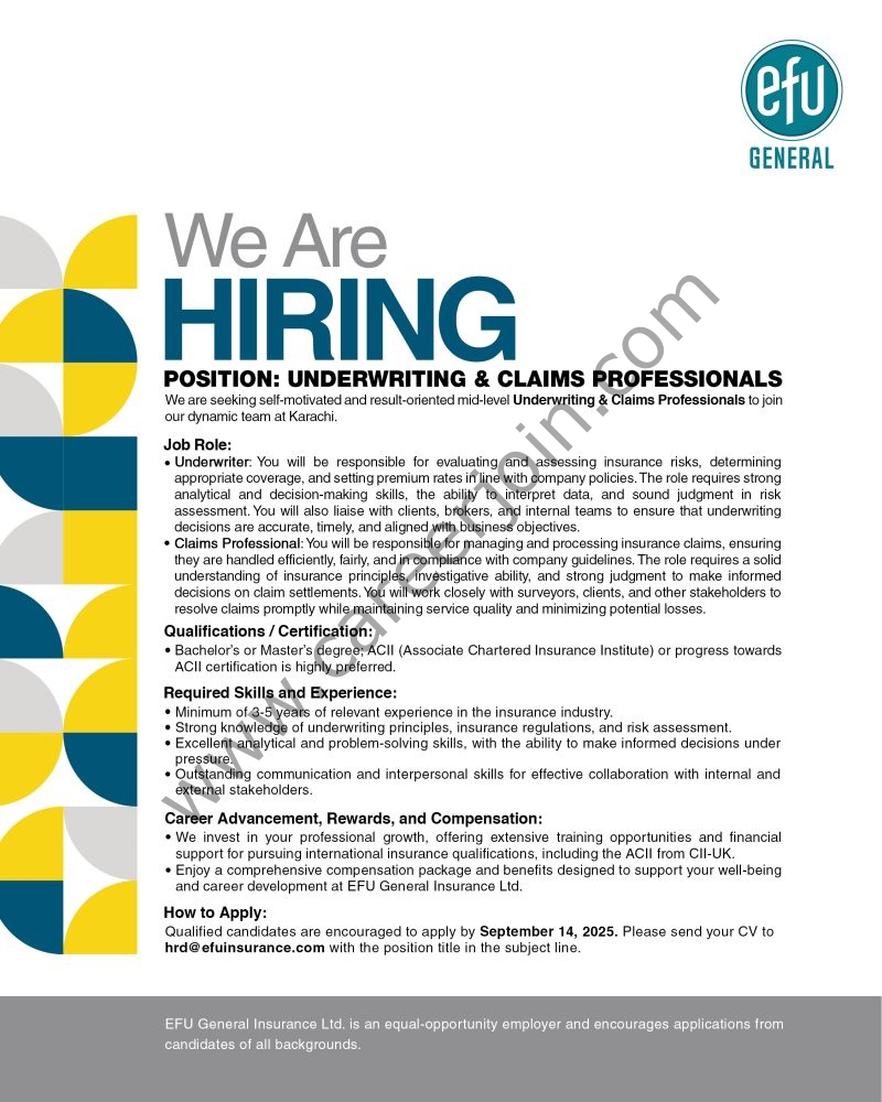EFU General Insurance Jobs Underwriting & Claims Professionals 1