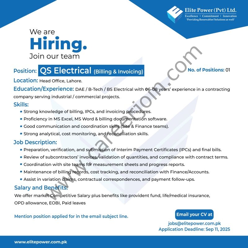 Elite Power Pvt Ltd Jobs QS Electrical (Billing & Invoicing) 1