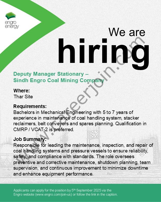 Sindh Engro Coal Mining Company Jobs Deputy Manager Stationary 1
