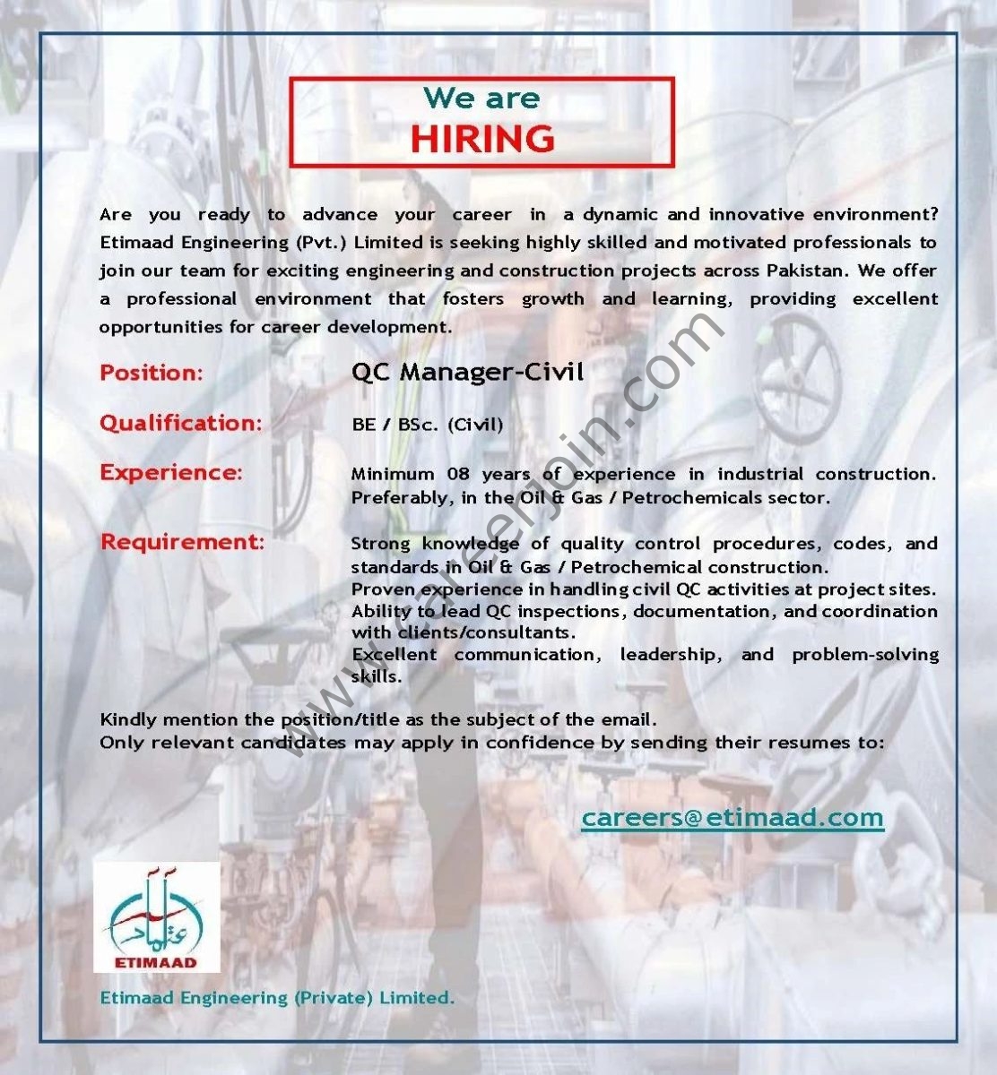 Etimaad Engineering Pvt Ltd Jobs QC Manager Civil 1
