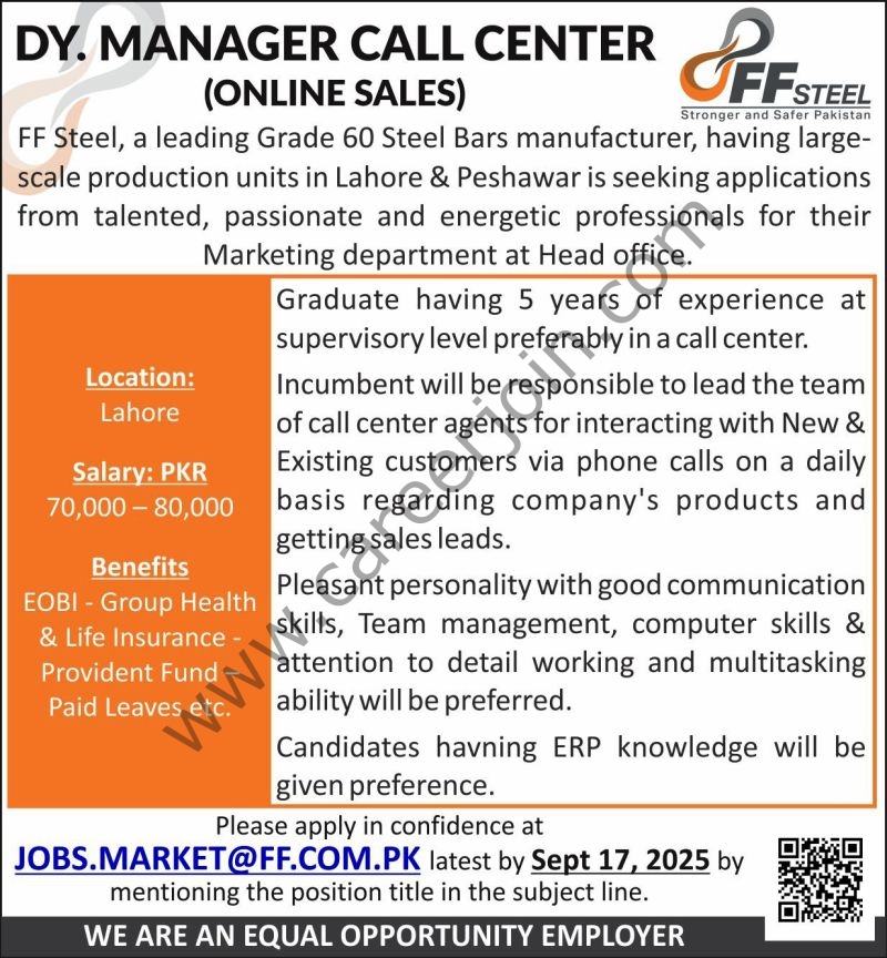 FF Steel Jobs Deputy Manager Call Center 1