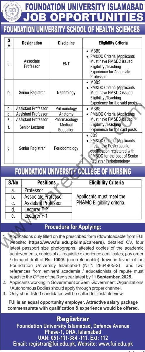 Foundation University Islamabad (FUI) Jobs September 2025 1
