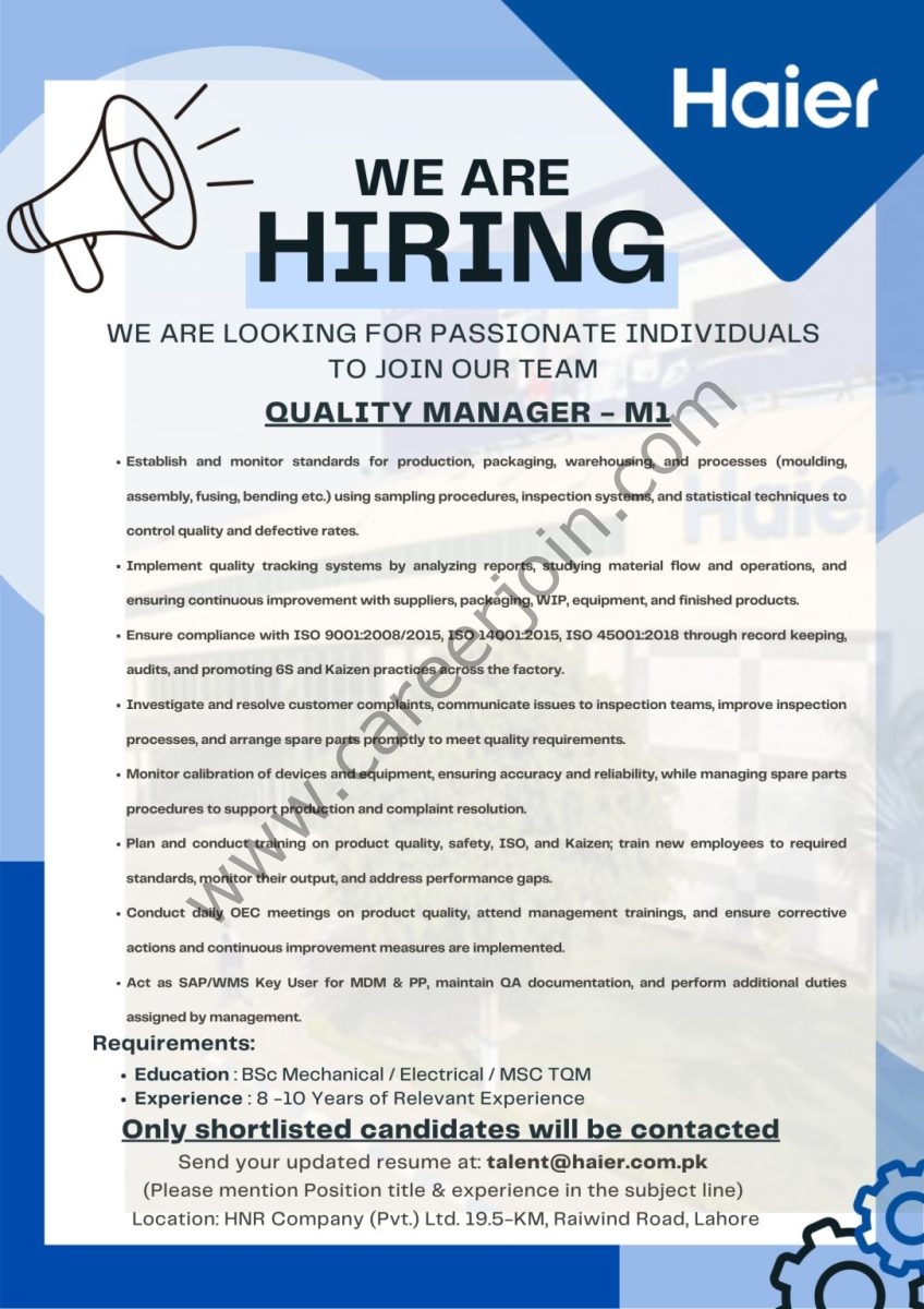 Haier Pakistan Jobs Quality Manager M1 1