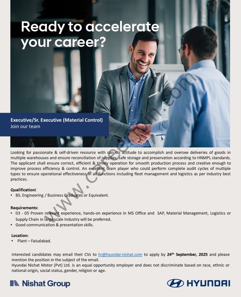 Hyundai Nishat Motor Pvt Ltd Jobs Executive/Sr Executive (Material Control) 1