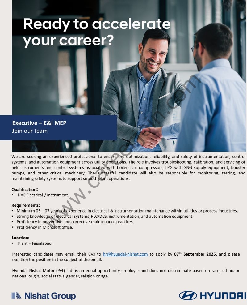 Hyundai Nishat Motor Pvt Ltd Jobs Executive E&I MEP 1