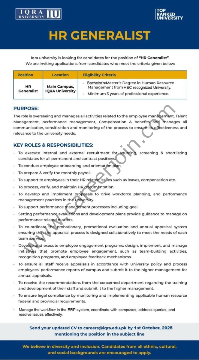 Iqra University Jobs HR Generalist 1