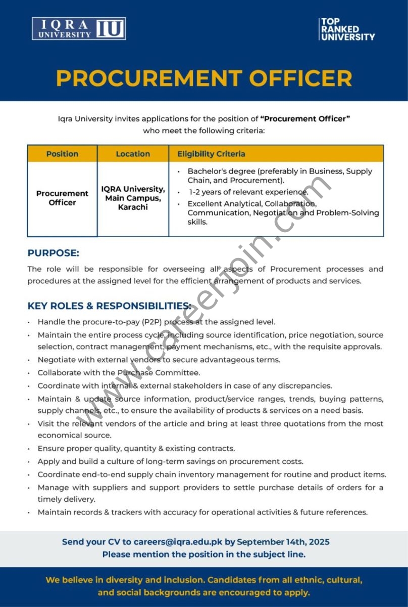 Iqra University IU Jobs Procurement Officer 1
