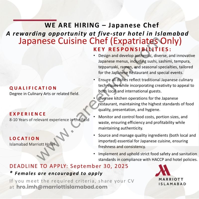 Islamabad Marriott Hotel Jobs Japanese Cuisine Chef 1