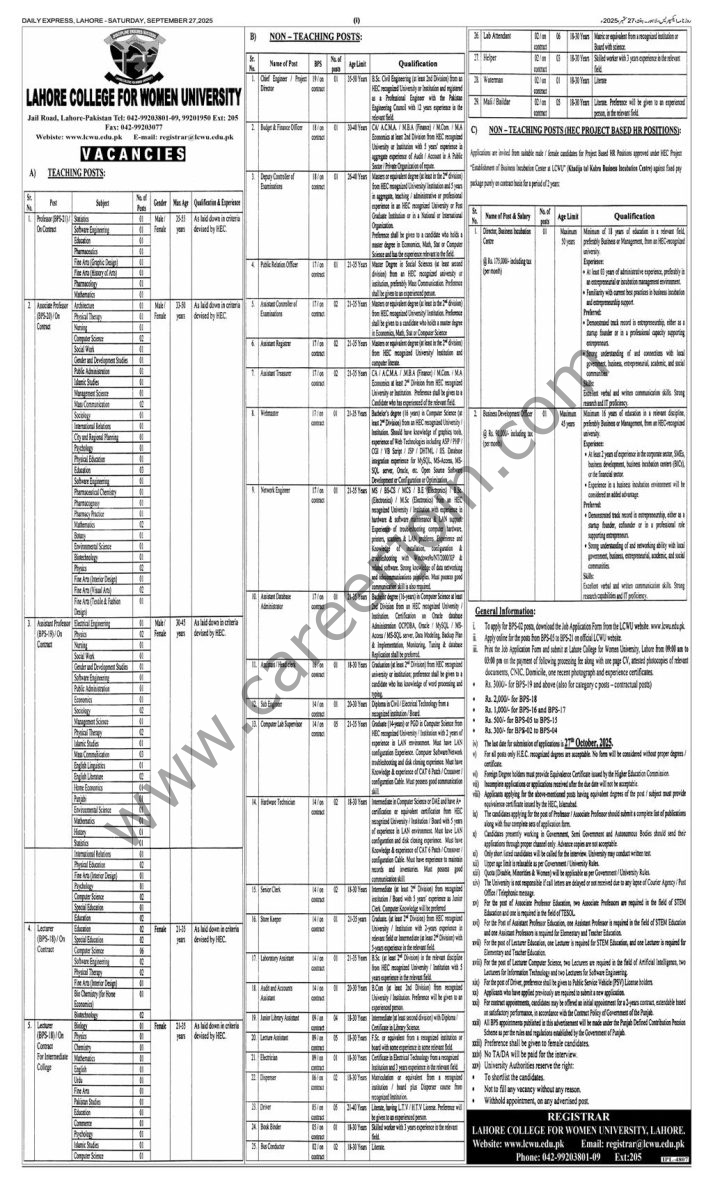 Lahore College For Women University LCWU Jobs 27 September 2025 Express 1