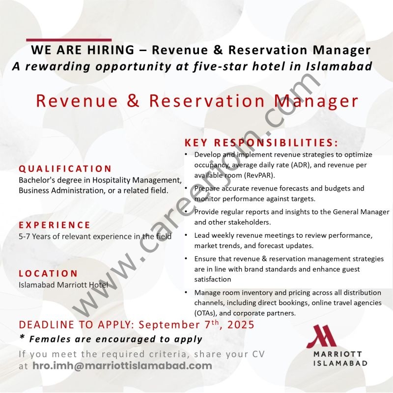 Islamabad Marriott Hotel Jobs Revenue & Reservation Manager 1