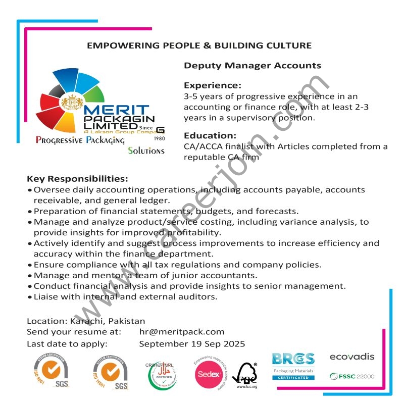 Merit Packaging Pvt Ltd Jobs Deputy Manager Accounts 1