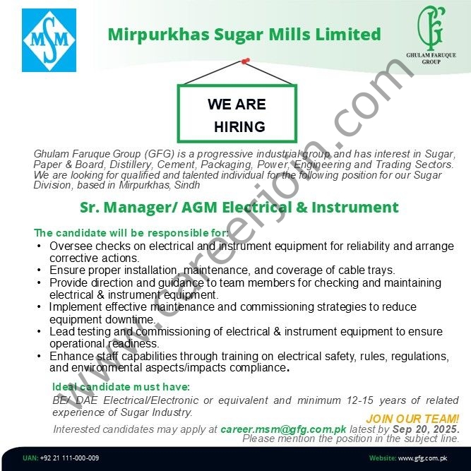 Mirpurkhas Sugar Mills Limited Jobs Sr Manager/ AGM Electrical & Instrument 1