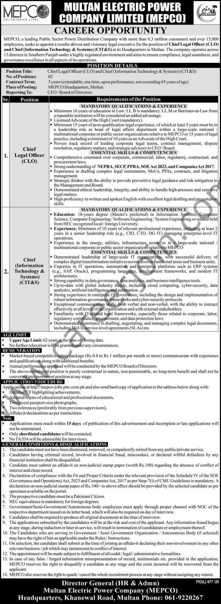 Multan Electric Power Co Ltd MEPCO Jobs 19 September 2025 Express 1