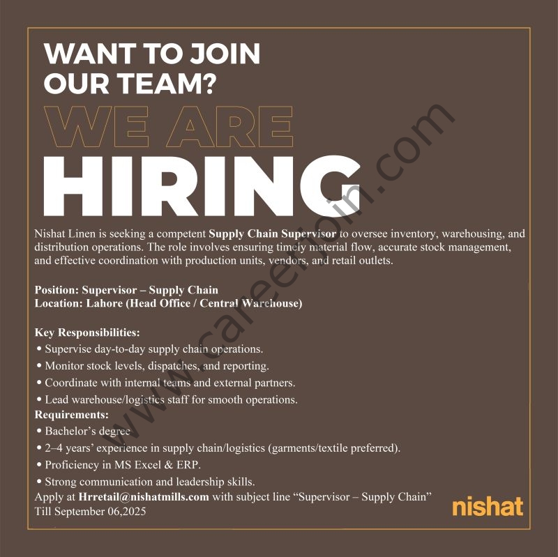 Nishat Linen NL Jobs Supply Chain Supervisor 1