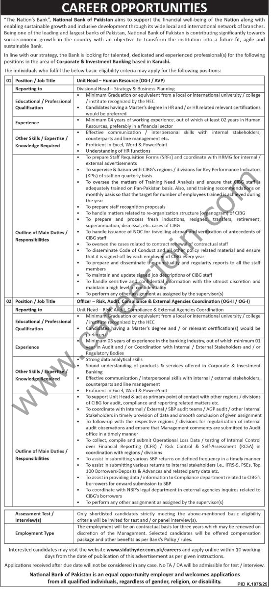 National Bank of Pakistan NBP Jobs 28 September 2025 Express Tribune 1