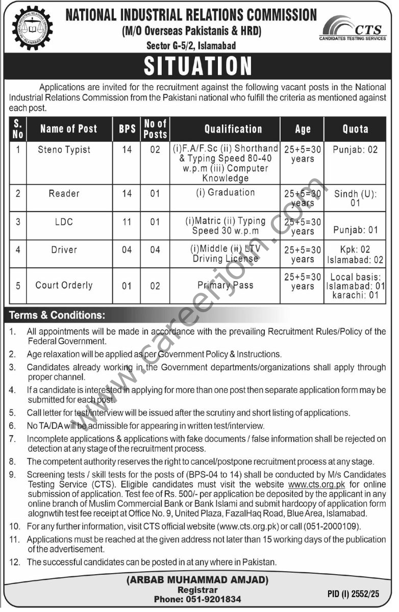 National Industry Relations Commission Jobs 28 September 2025 Express Tribune 1