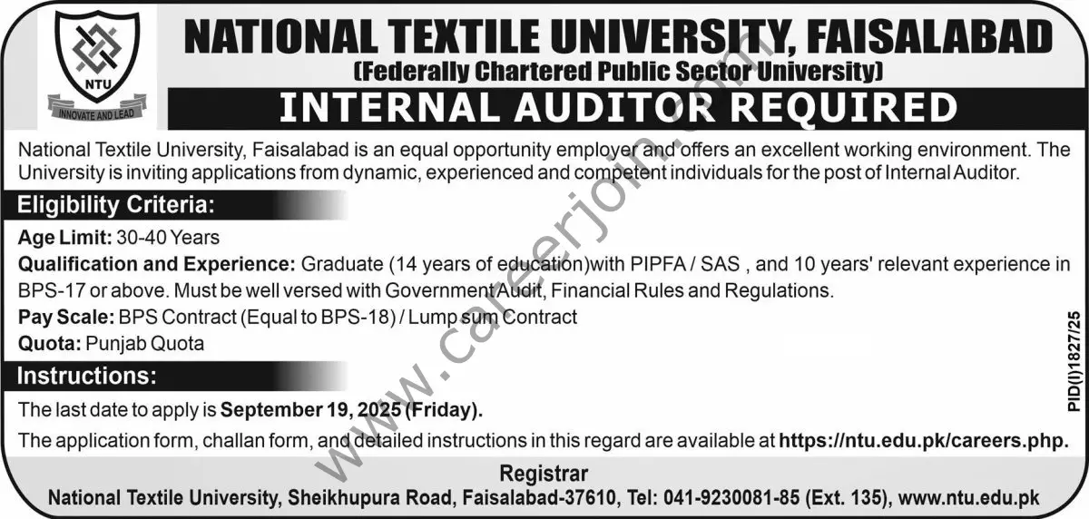 National Textile University NTU Jobs 31 August 2025 Express Tribune 1