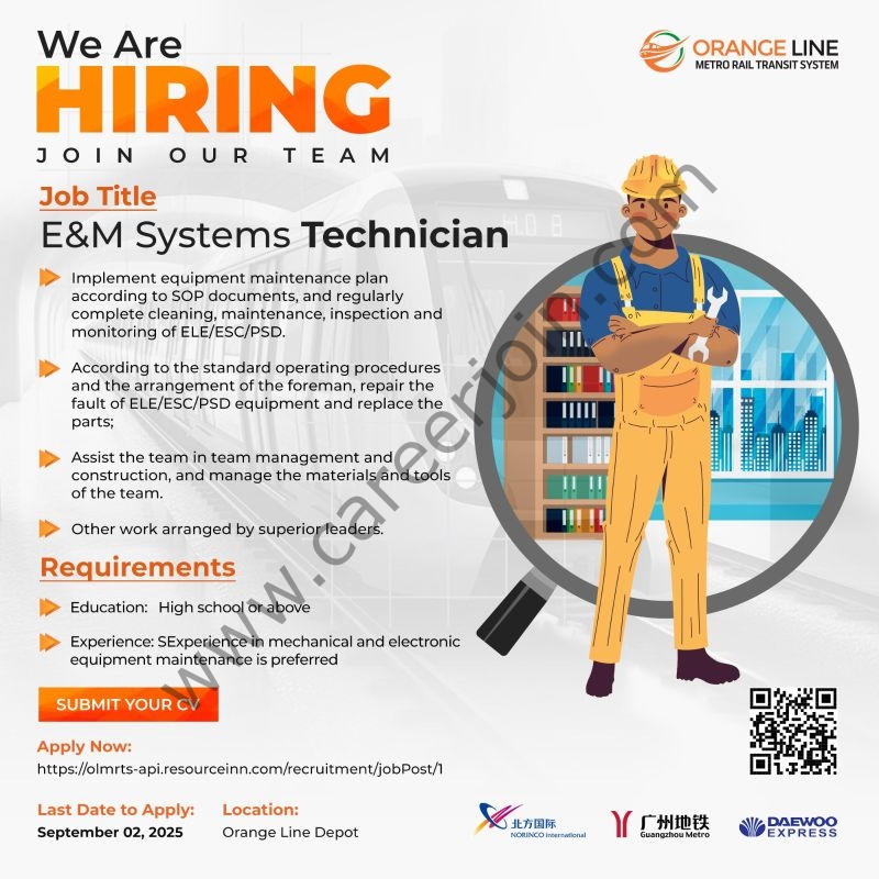 Orange Line Metro Rail Transit System (OLMRTS) Jobs E&M Systems Technician 1
