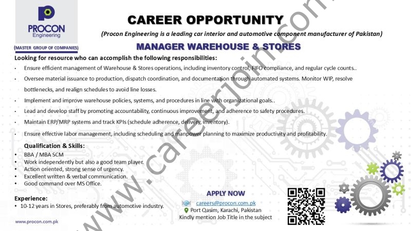 Procon Engineering Jobs Manager Warehouse & Stores 1