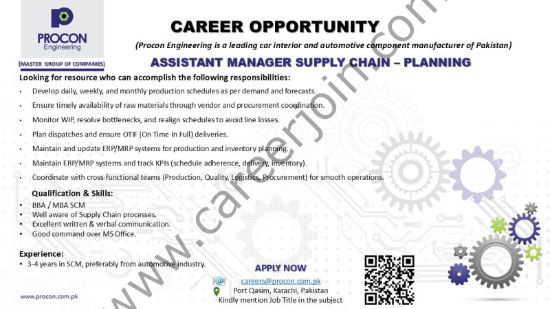 Procon Engineering Jobs Assistant Manager Supply Chain Planning 1