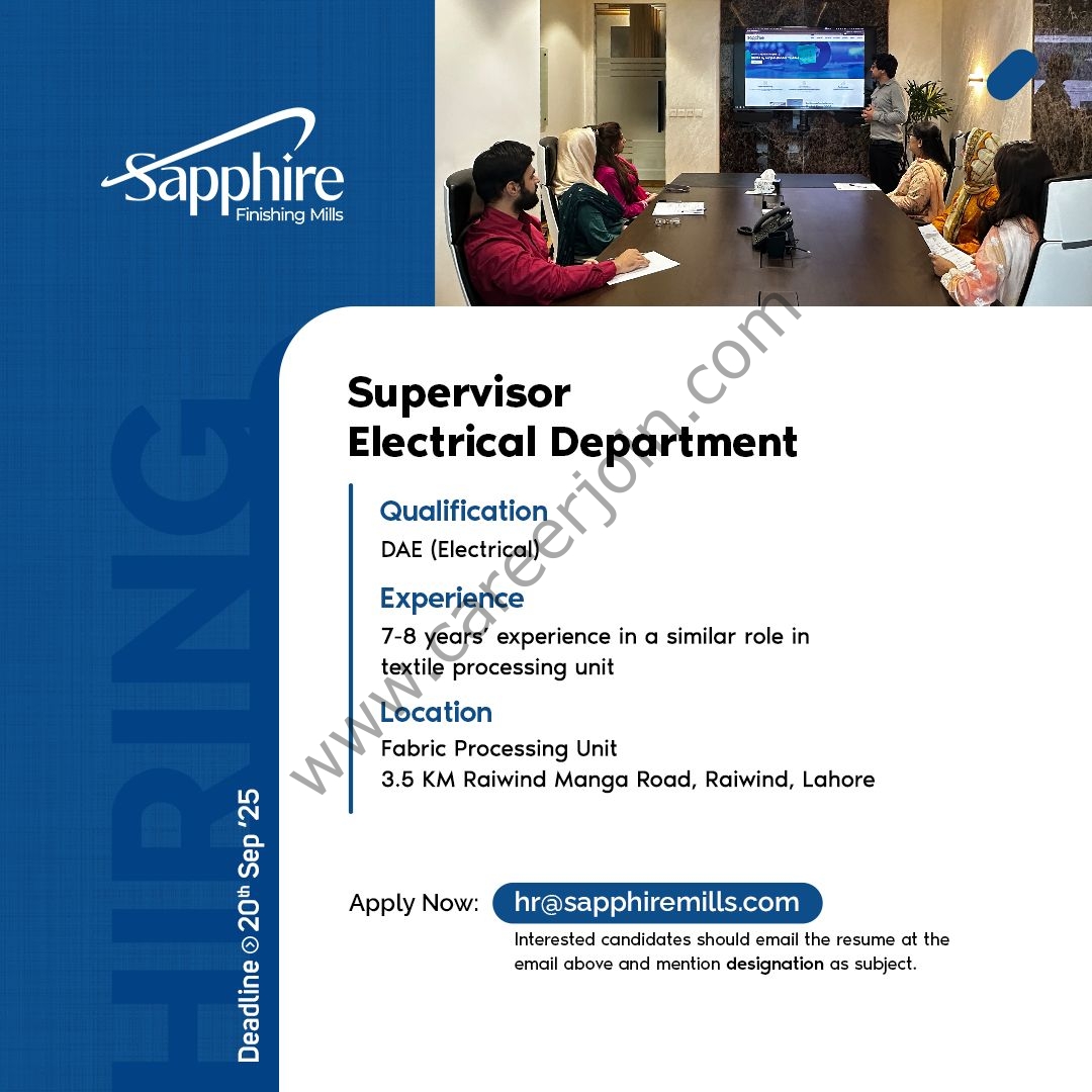 Sapphire Finishing Mills Jobs Supervisor Electrical 1