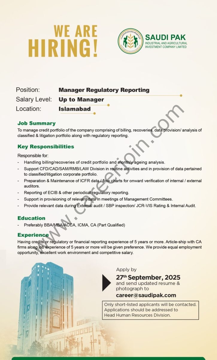 Saudi Pak Industrial & Agricultural Investment Company Limited Jobs Manager Regulatory Reporting 1