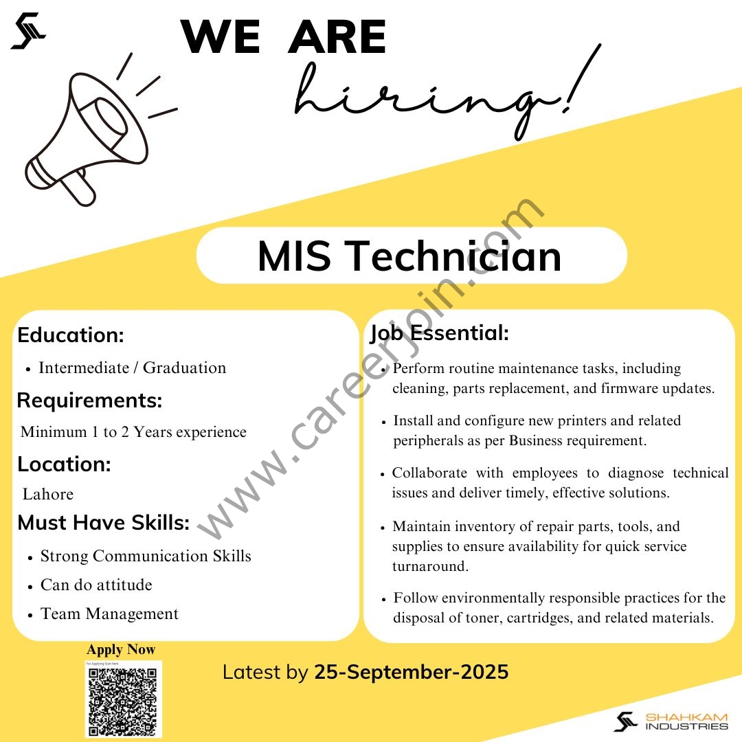 Shahkam Industries Limited Jobs MIS Technician 1