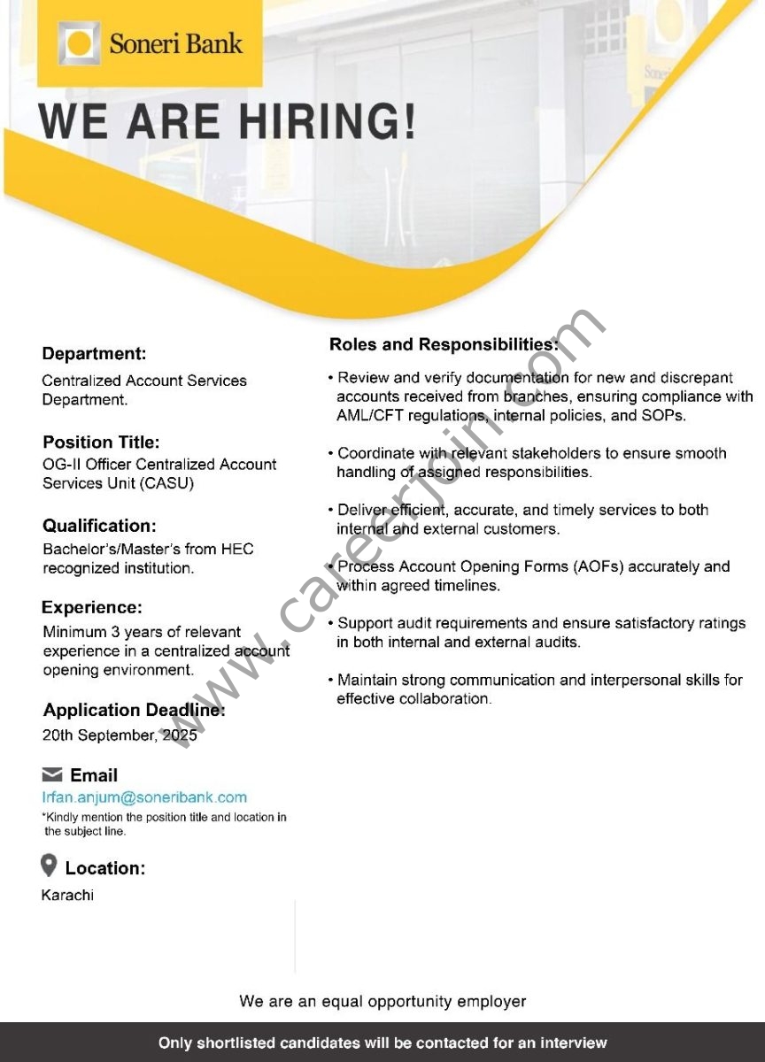 Soneri Bank Jobs OG-II Officer Centralized Account Services Unit (CASU) 1