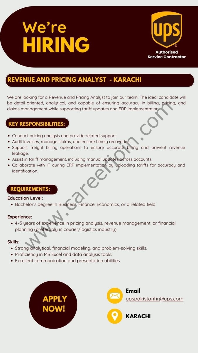 UPS Pakistan Jobs Revenue & Pricing Analyst 1