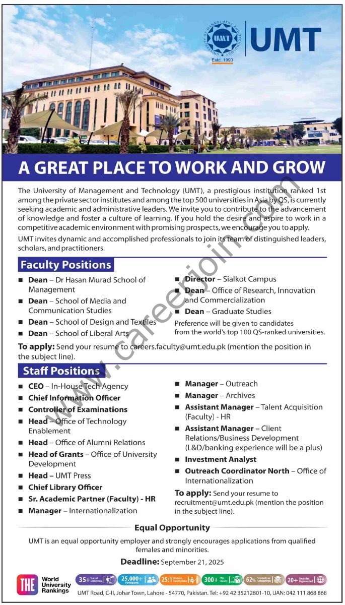 University of Management And Technology UMT Jobs 14 September 2025 Dawn 1