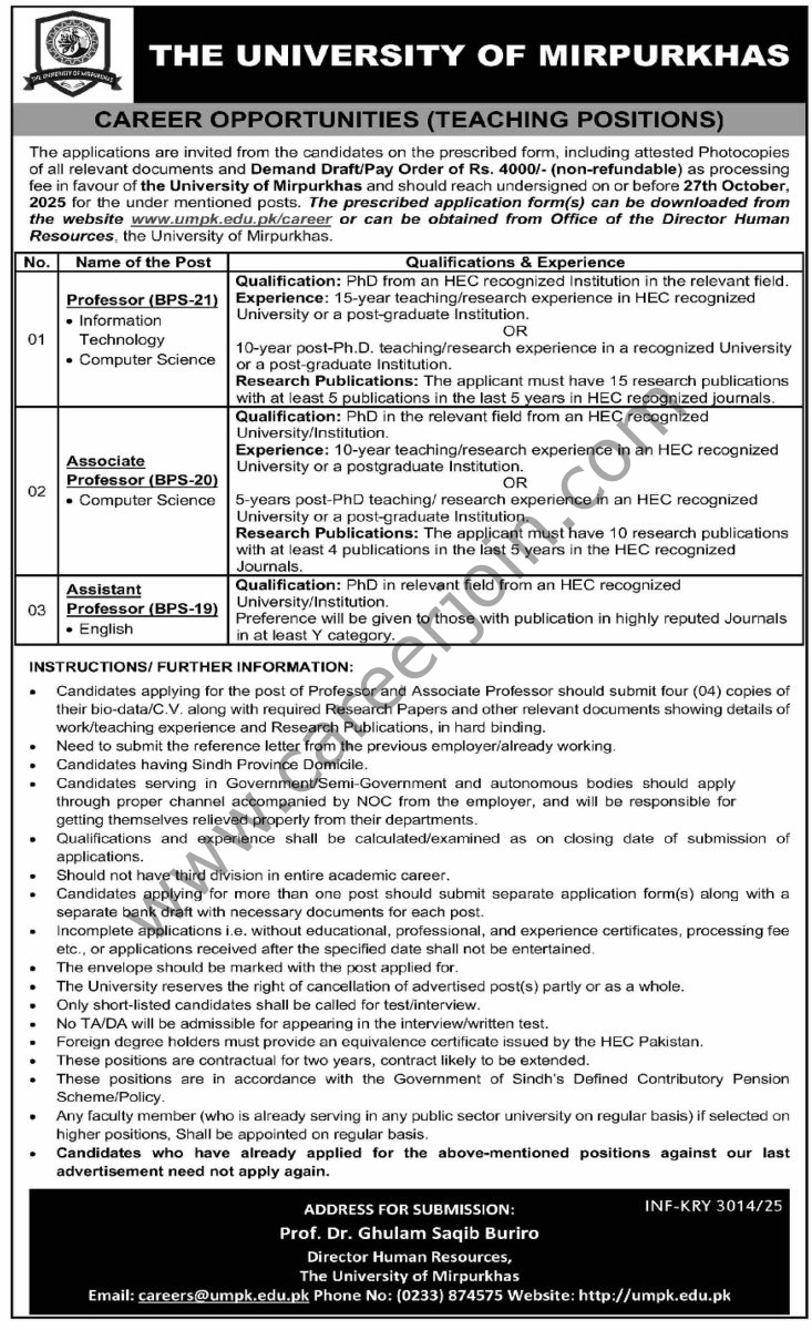 University of Mirpurkhas Jobs 28 September 2025 Dawn 1