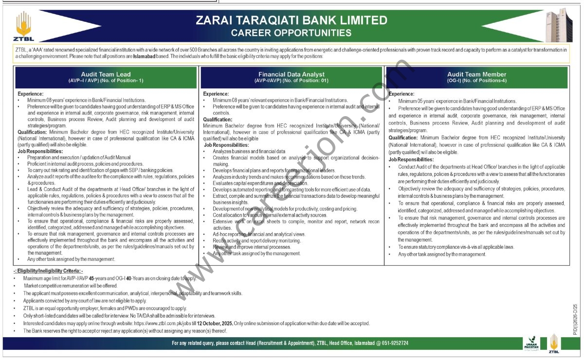 Zarai Taraqiati Bank Ltd ZTBL Jobs 28 September 2025 Express Tribune 01 1