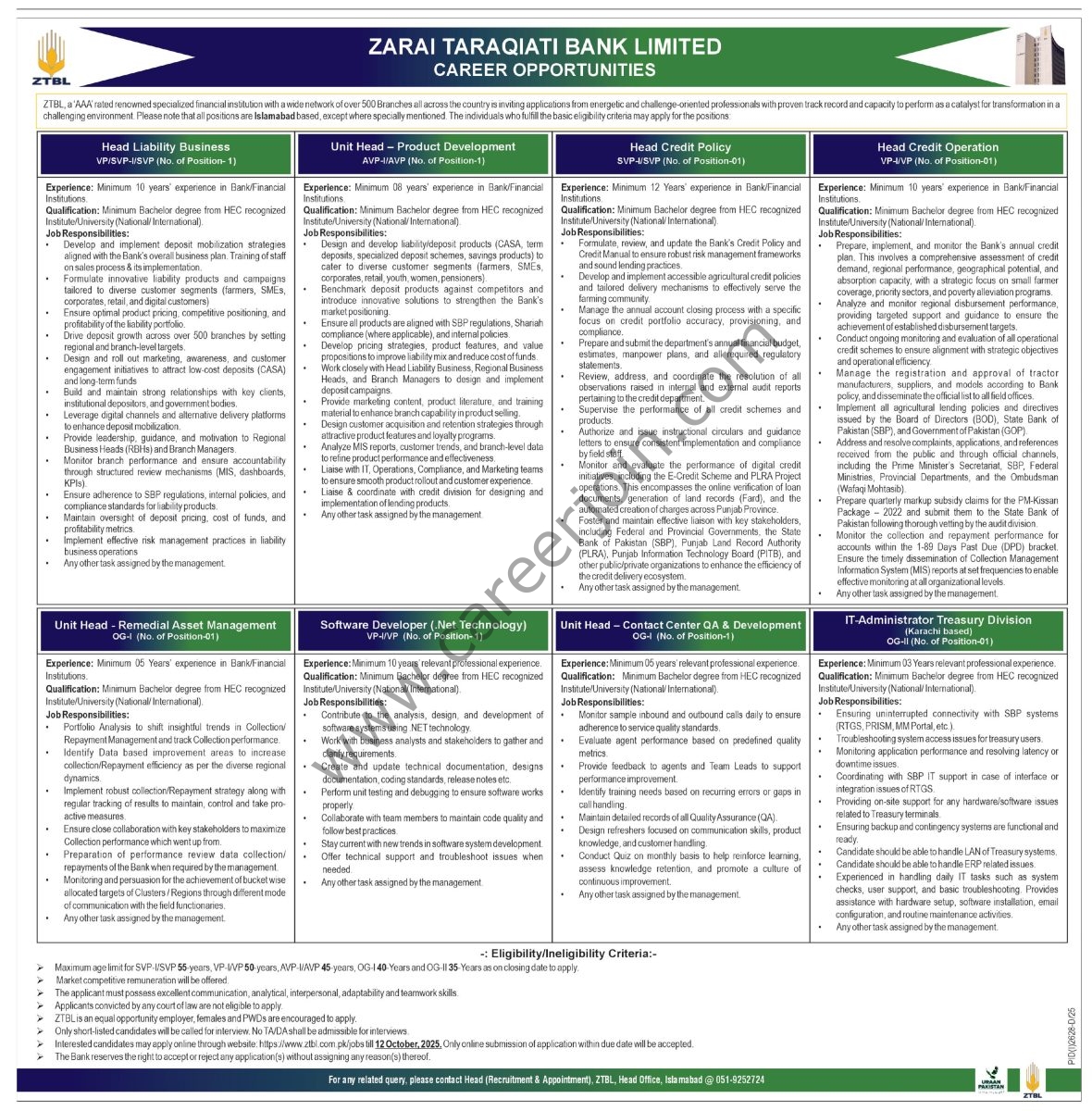 Zarai Taraqiati Bank Ltd ZTBL Jobs 28 September 2025 Express Tribune 1