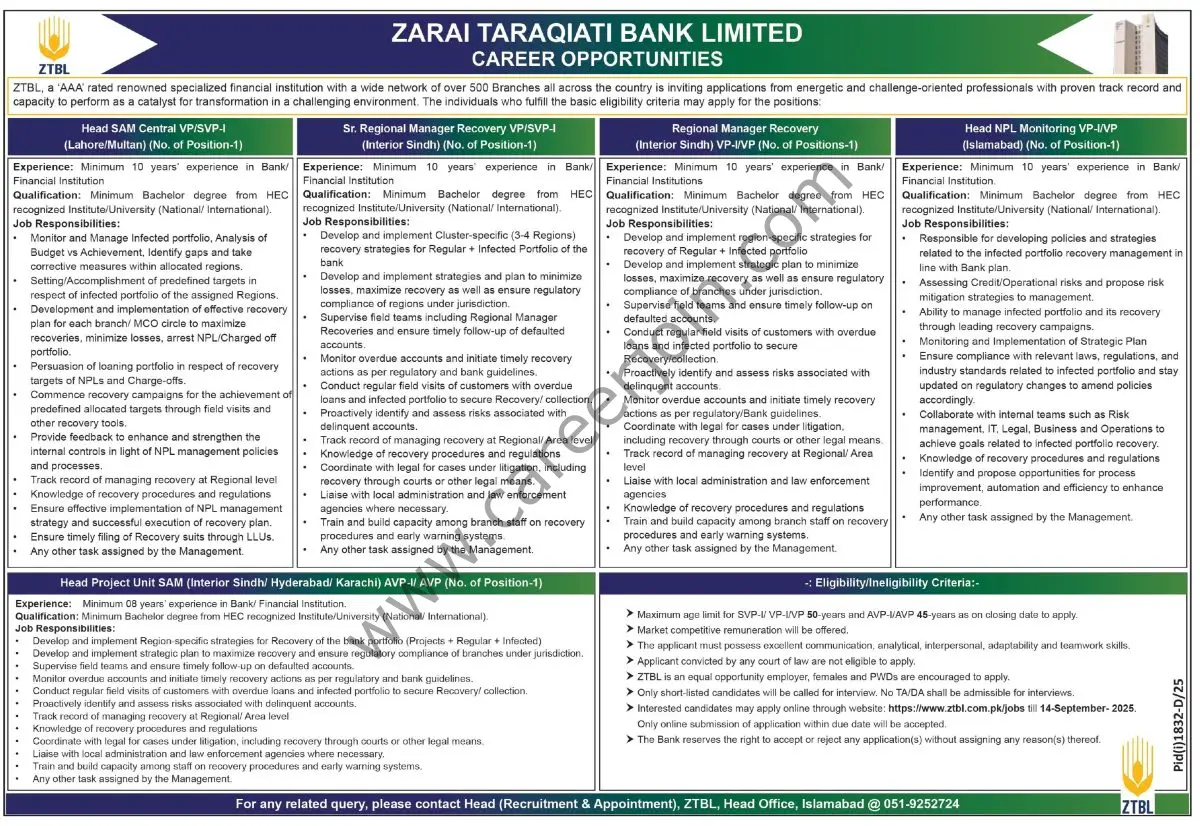 Zarai Taraqiati Bank Ltd ZTBL Jobs 31 August 2025 Express Tribune 1