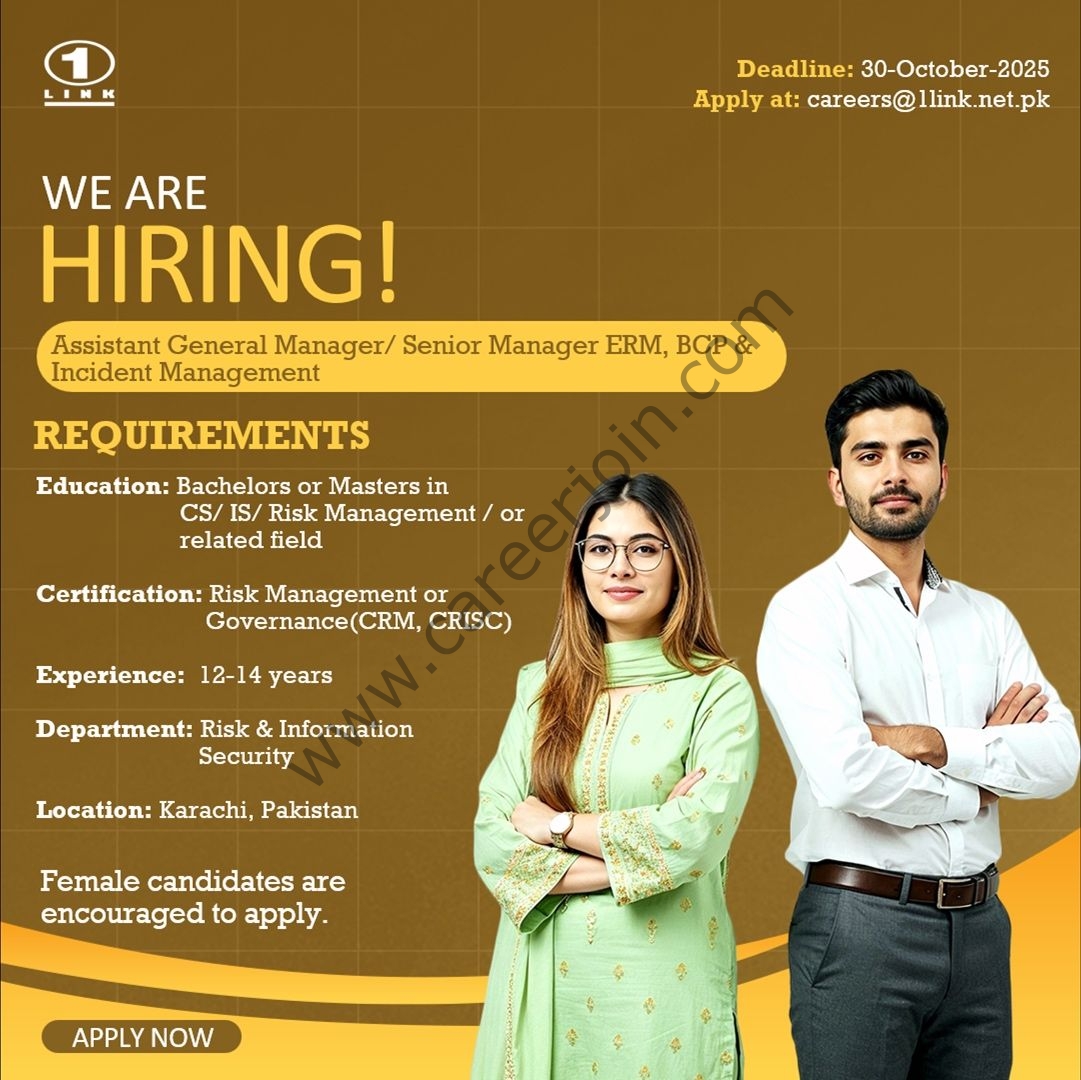 1Link Pvt Ltd Jobs Assistant General Manager/ Senior Manager ERM BCP & Incident Management 1