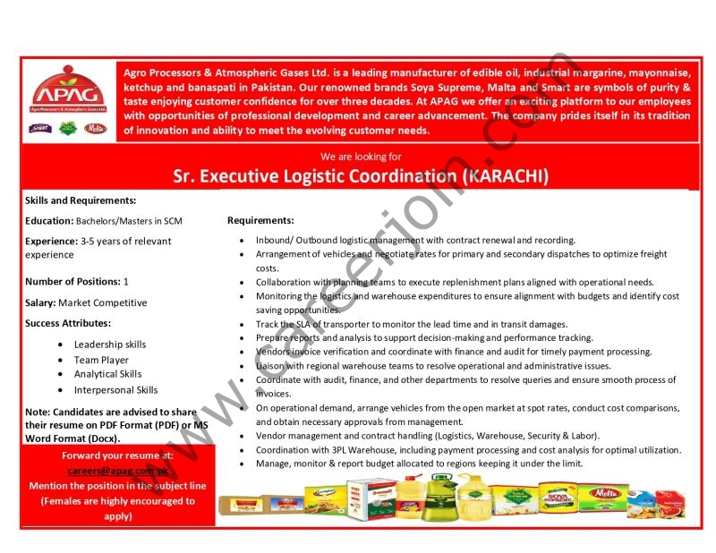 Agro Processor Atmospheric Gases Ltd (APAG) Jobs Sr Executive Logistic Coordination 1