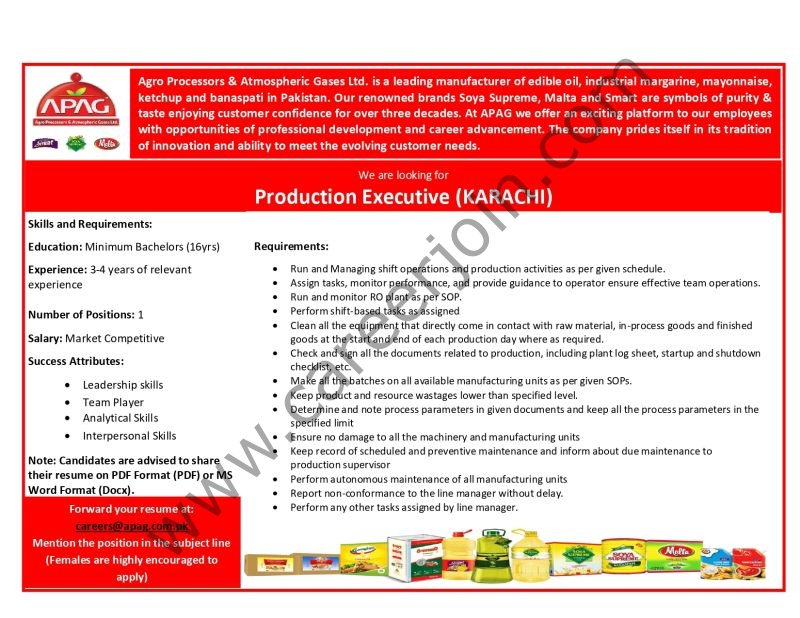 Agro Processor Atmospheric Gases Ltd APAG Jobs Production Executive 1