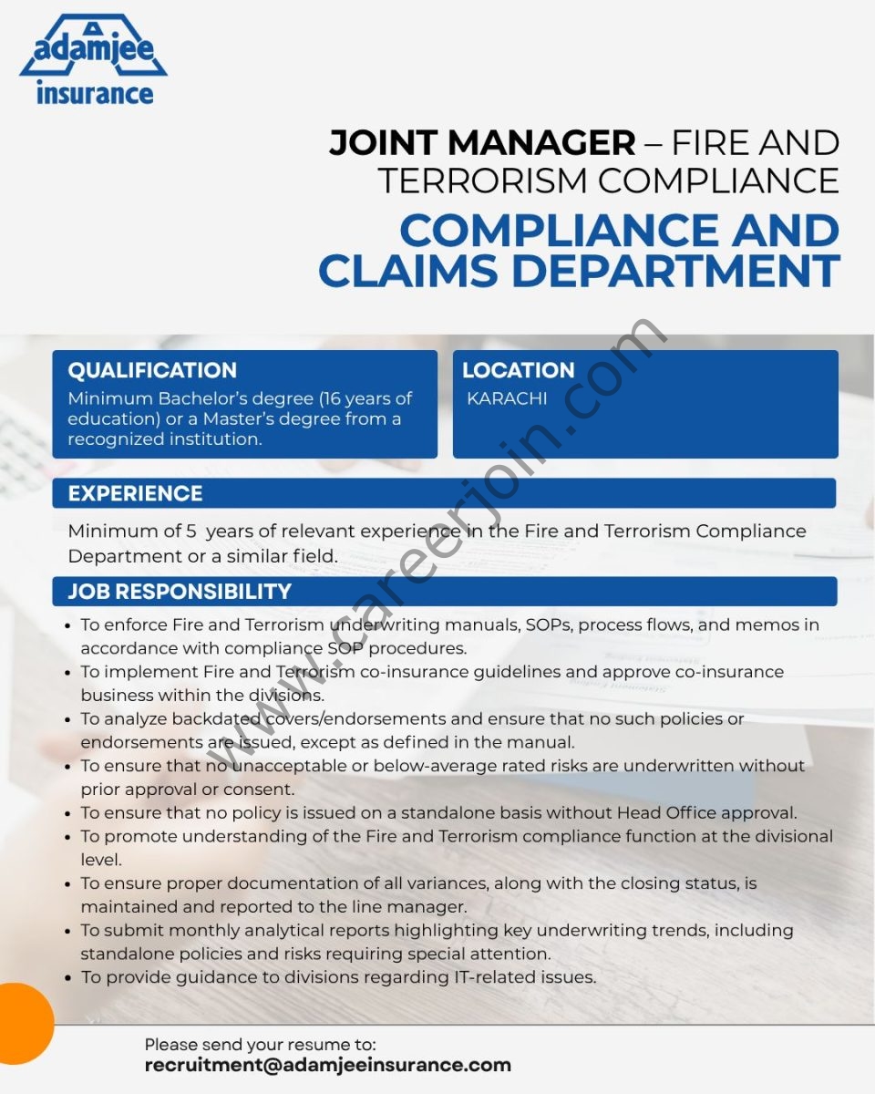 Adamjee Insurance Jobs Joint Manager 1